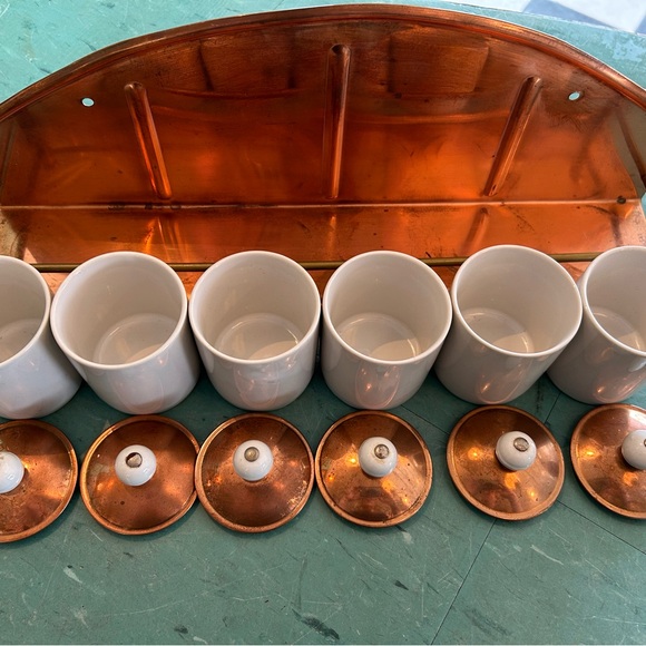Vintage copper ceramic spice jar set wall mount shelf with rack mcm mid century - Picture 14 of 15